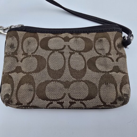 Coach Signature Brown Wristlet Pouch Bag With Zipper Closure & Strap - Picture 1 of 6